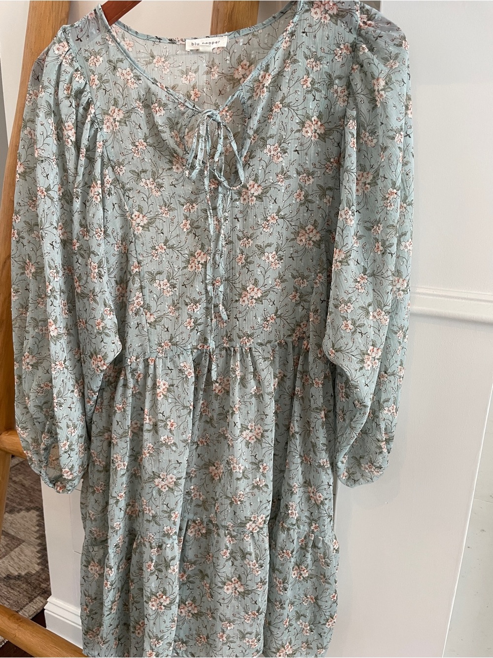 Blu Pepper Sage Green Ditsy Floral Babydoll Mini Dress - Size M